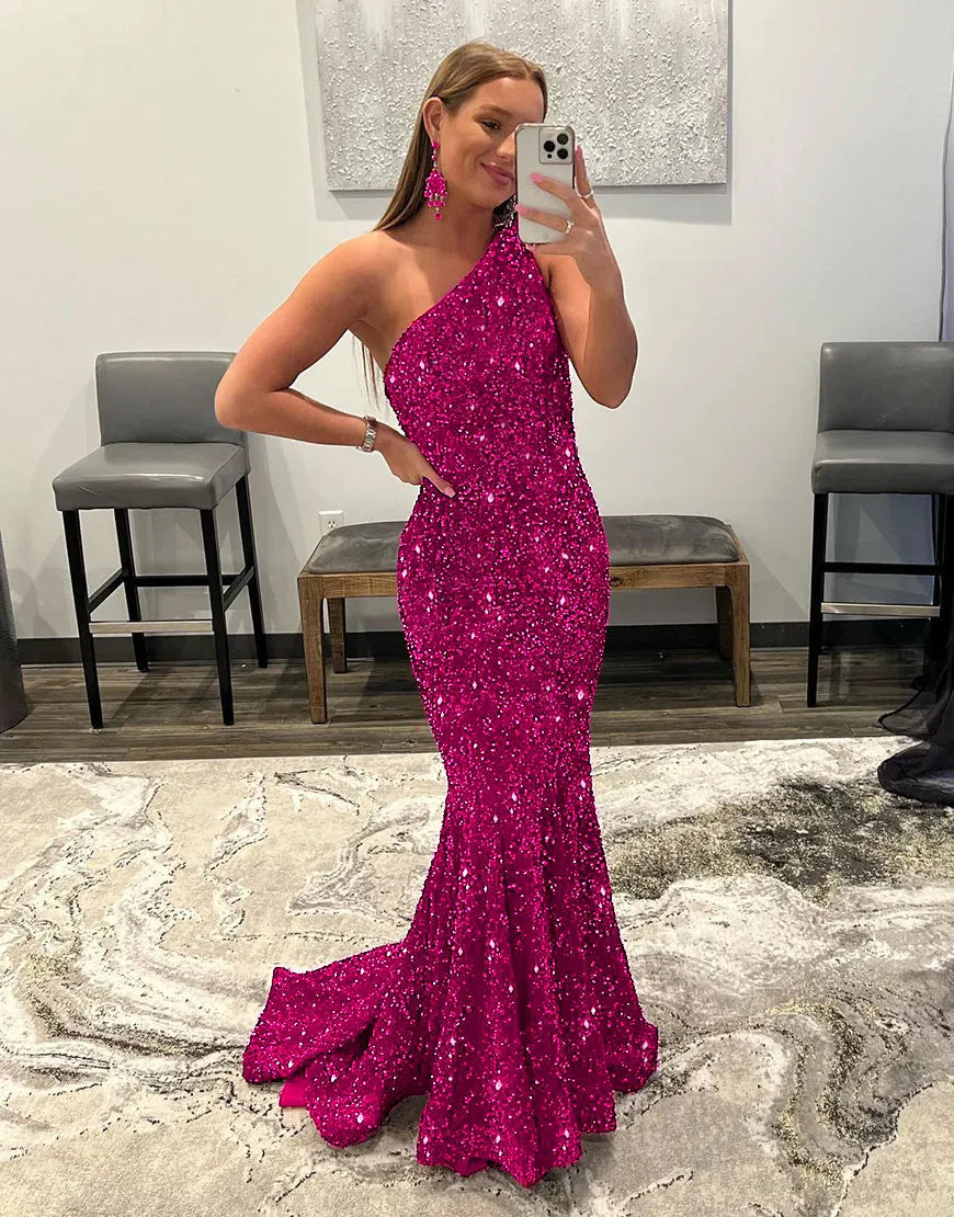 Aimishang Mermaid Prom Dress Glitter Sexy One-Shoulder With Sequins