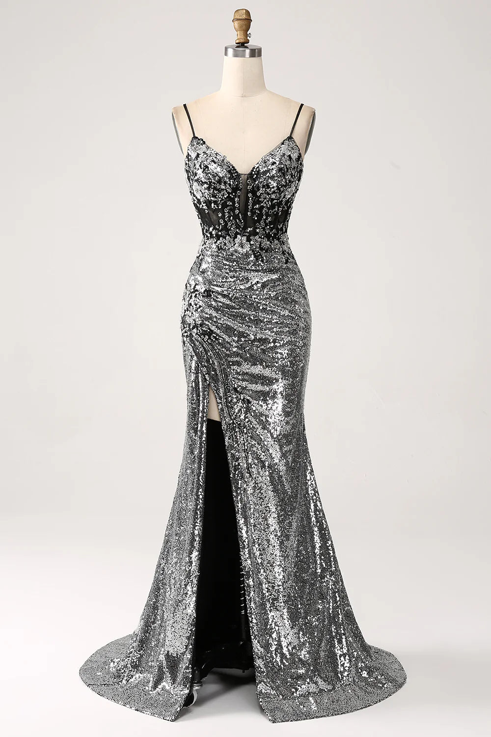 Gorgeous Spaghetti Strap Rhinestones Satin Mermaid Dress Black main image 1