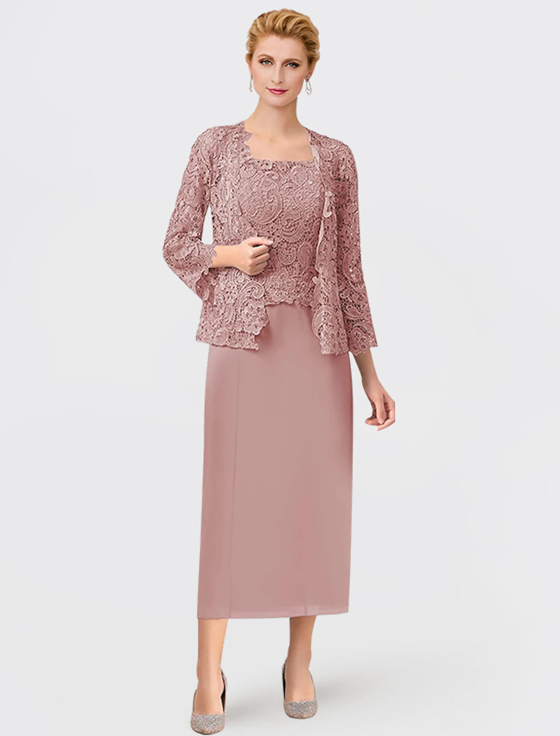 Aimishang Two Piece Mother of the Bride Dress Formal Wedding Guest Elegant Square Neck Ankle Length Chiffon Lace Sleeveless Wrap Included with Appliques