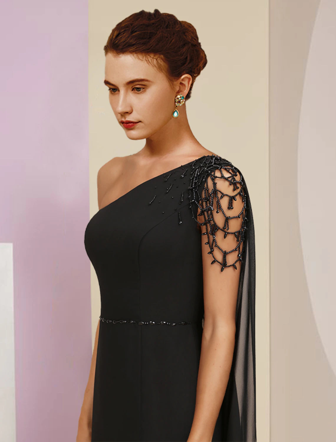 Aimishang A-Line Mother of the Bride Dress Wedding Guest Vintage Elegant One Shoulder Floor Length Tea Length Chiffon Sleeveless with Sash / Ribbon Beading