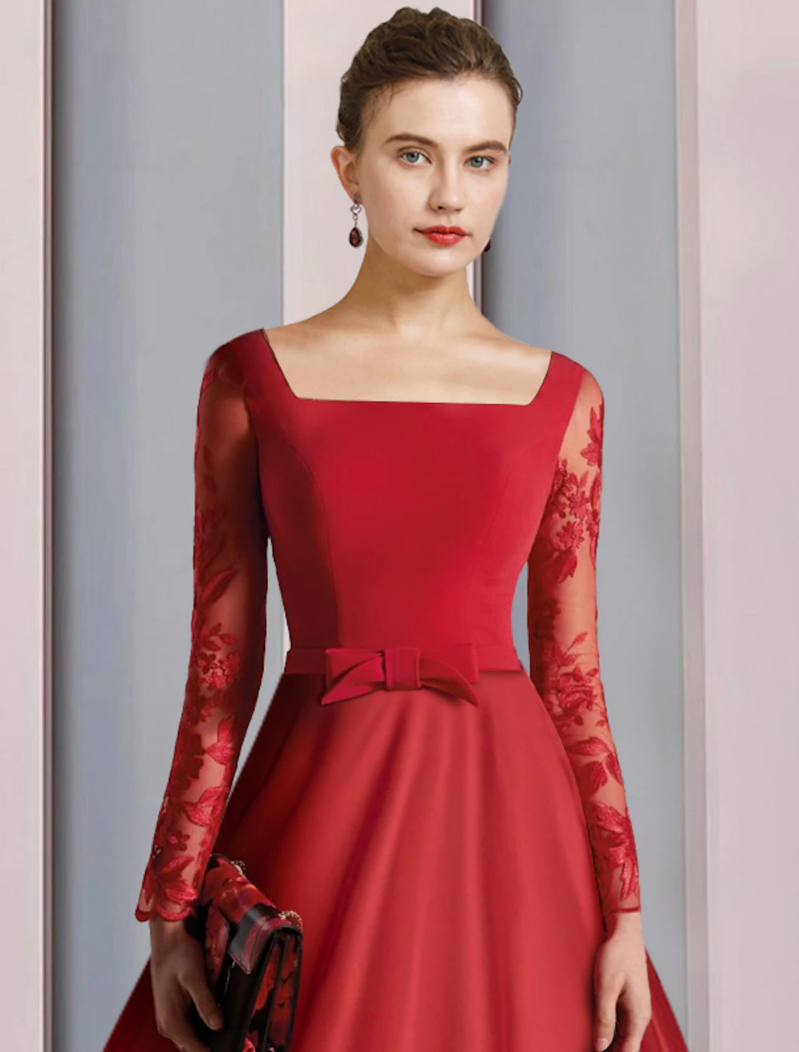 Aimishang A-Line Mother of the Bride Dress Formal Wedding Guest Vintage Elegant Square Neck Tea Length Satin Lace Fabric Long Sleeve with Bow(s) Appliques