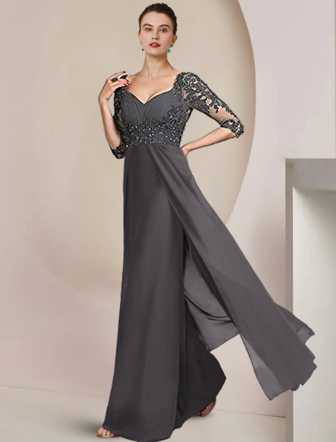 Aimishang Sheath / Column Mother of the Bride Dress Formal Wedding Guest Elegant Square Neck Floor Length Chiffon Lace 3/4 Length Sleeve with Sequin Appliques Ruching