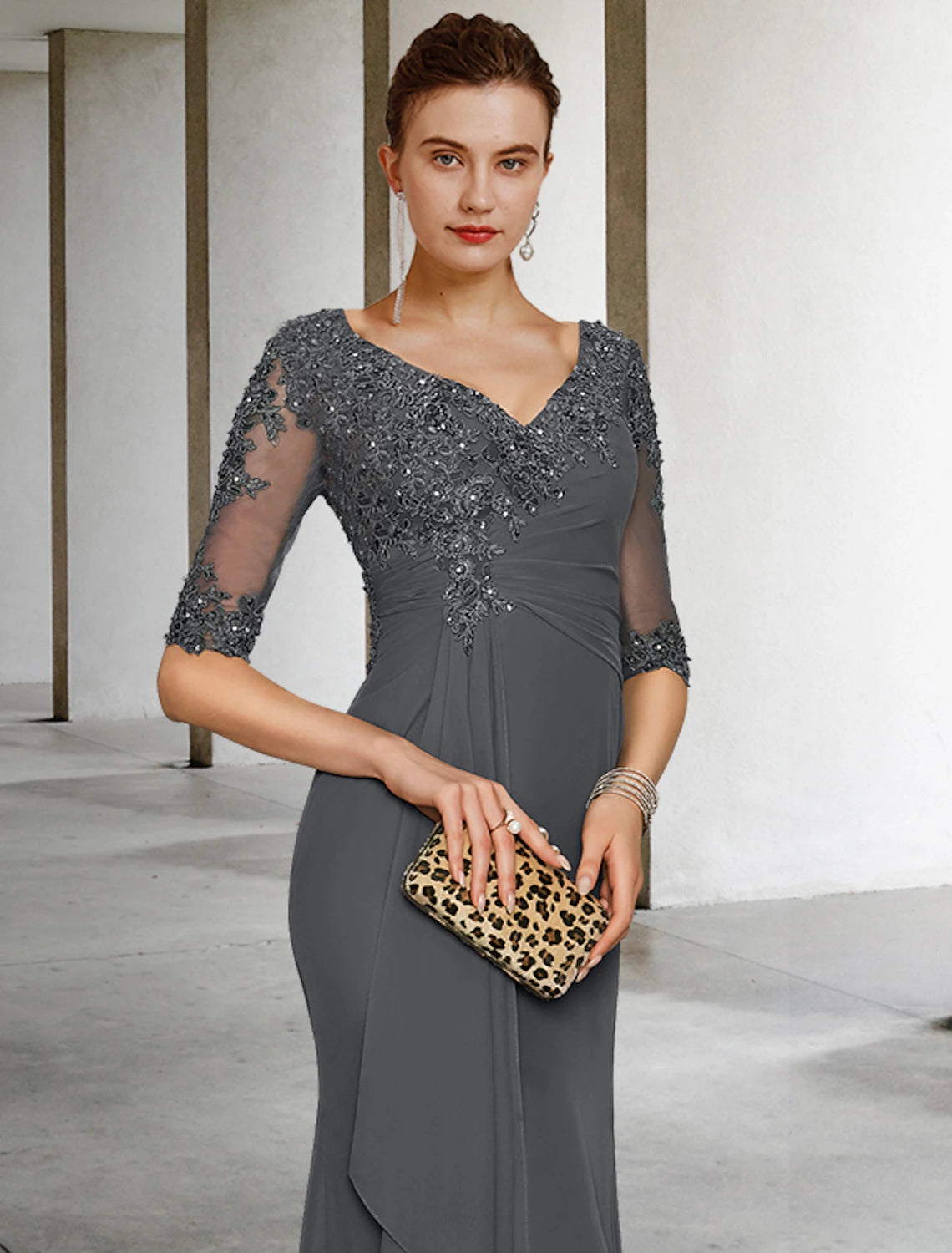 Aimishang Mermaid / Trumpet Mother of the Bride Dress Vintage Elegant V Neck Sweep / Brush Train Chiffon Tulle Half Sleeve with Appliques Side-Draped