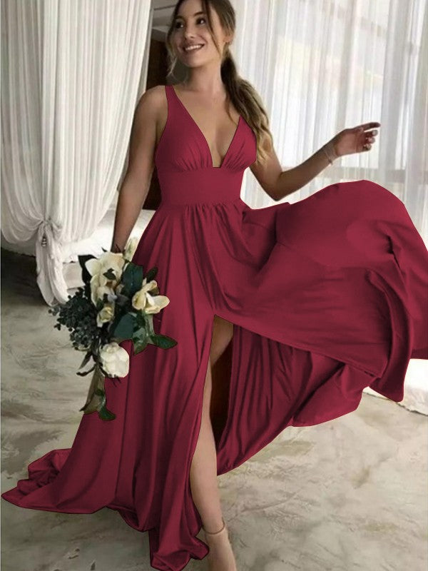 Aimishang A-Line Sleeveless V-neck Sweep/Brush Train With Ruffles Jersey Bridesmaid Dresses