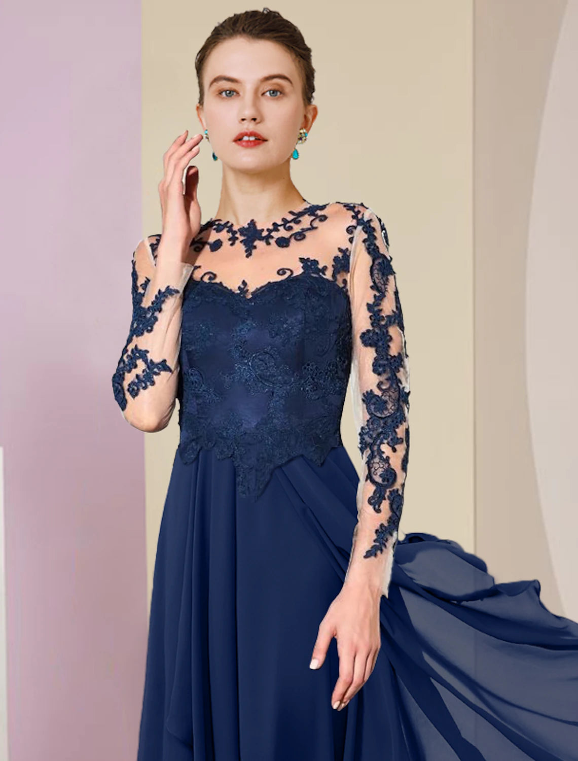 Aimishang A-Line Mother of the Bride Dress Formal Wedding Guest Elegant High Low Scoop Neck Asymmetrical Tea Length Chiffon Lace 3/4 Length Sleeve with Pleats Appliques