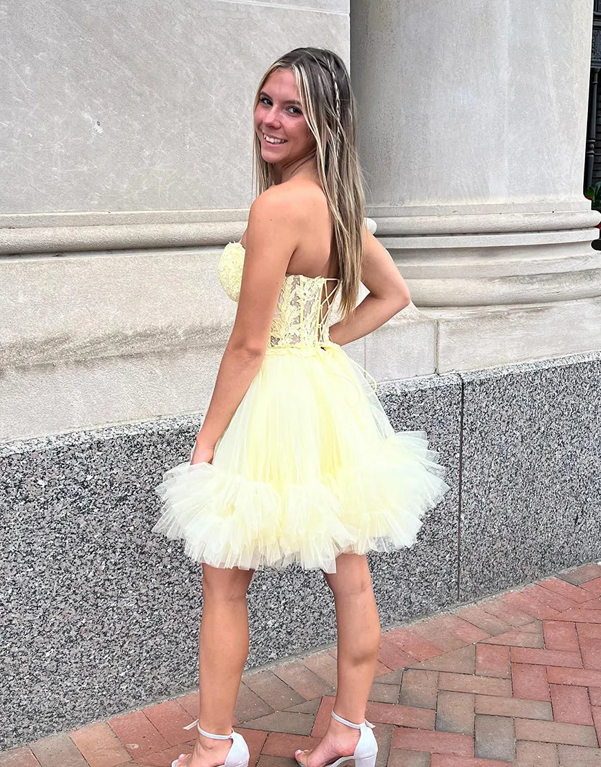 Aimishang A-Line Homecoming Dress Sparkly Beaded Strapless Ruffled with Appliques