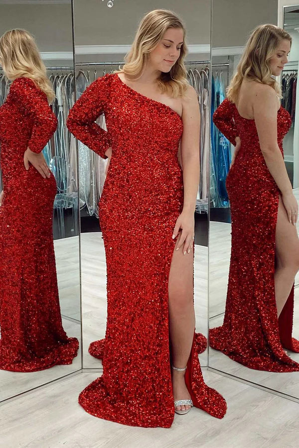 Aimishang Elegant One-shoulder Long Sleeve Evening Dress Tiffany Blue Sequins Long Formal Dress