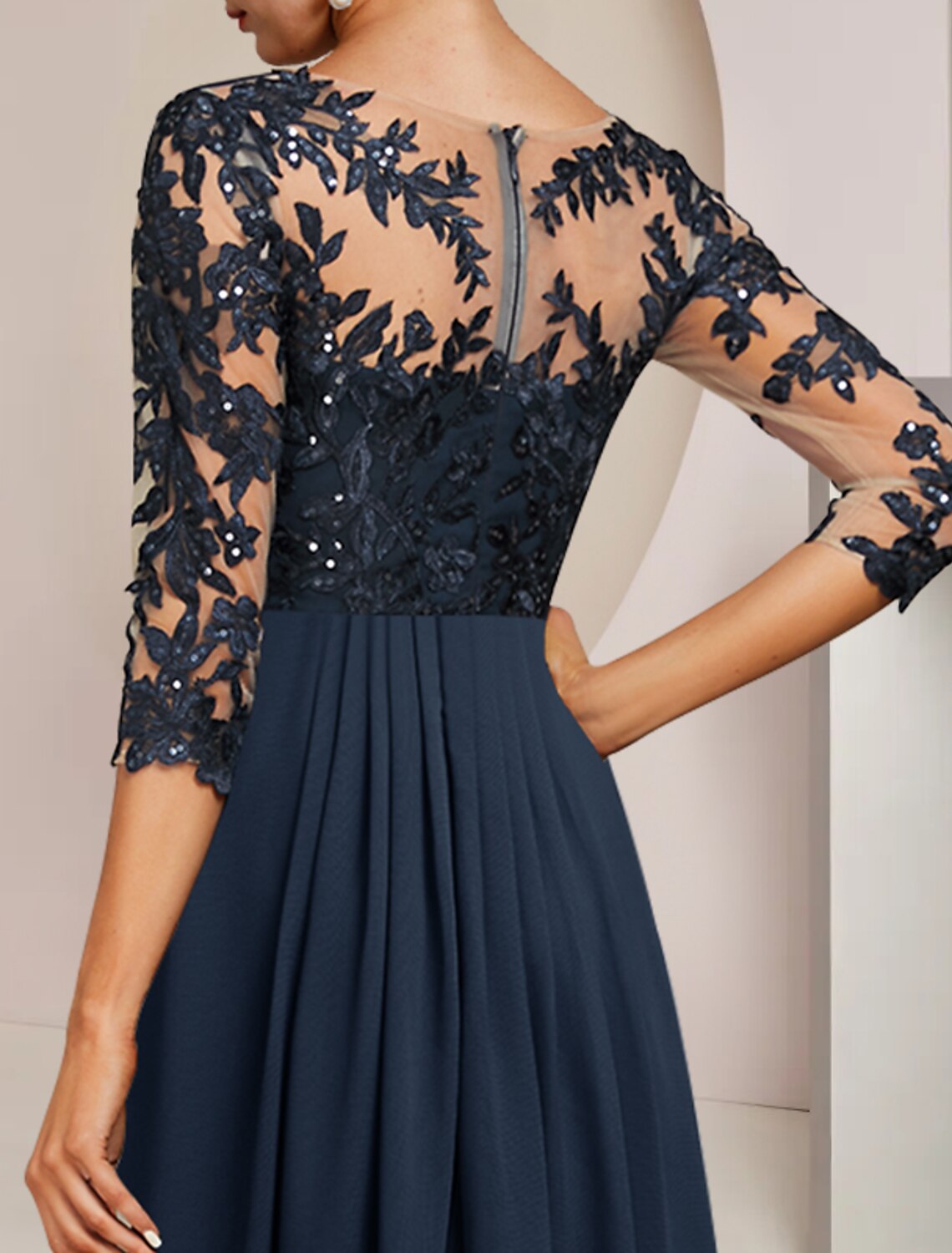 Aimishang A-Line Mother of the Bride Dress Wedding Guest Elegant High Low V Neck Ankle Length Chiffon Lace 3/4 Length Sleeve with Sequin Appliques