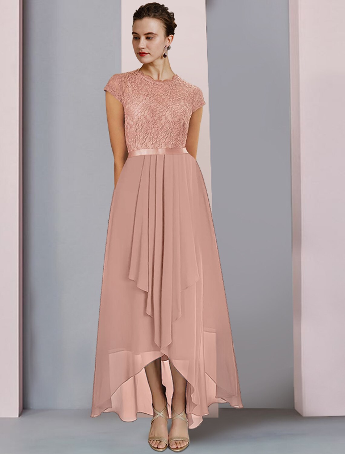 Aimishang A-Line Mother of the Bride Dress Formal Wedding Guest Elegant High Low Scoop Neck Asymmetrical Tea Length Chiffon Lace Short Sleeve with Pleats