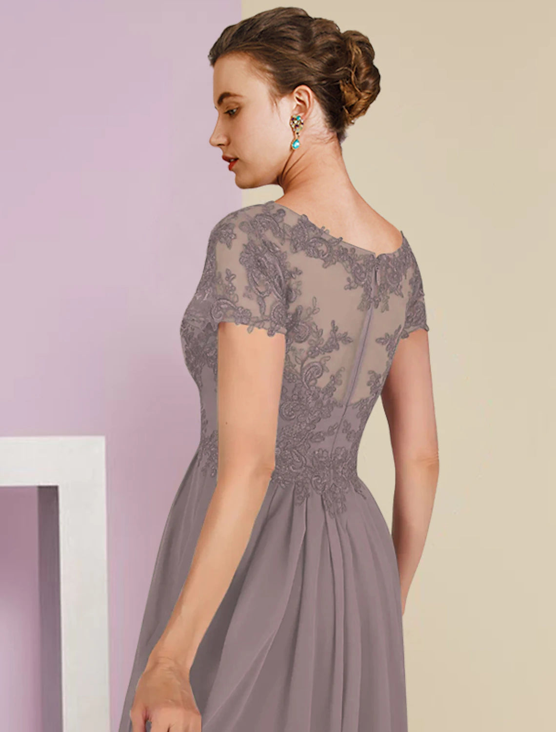 Aimishang Two Piece A-Line Mother of the Bride Dress Formal Wedding Guest Elegant V Neck Sweep / Brush Train Chiffon Lace Short Sleeve Wrap Included with Appliques