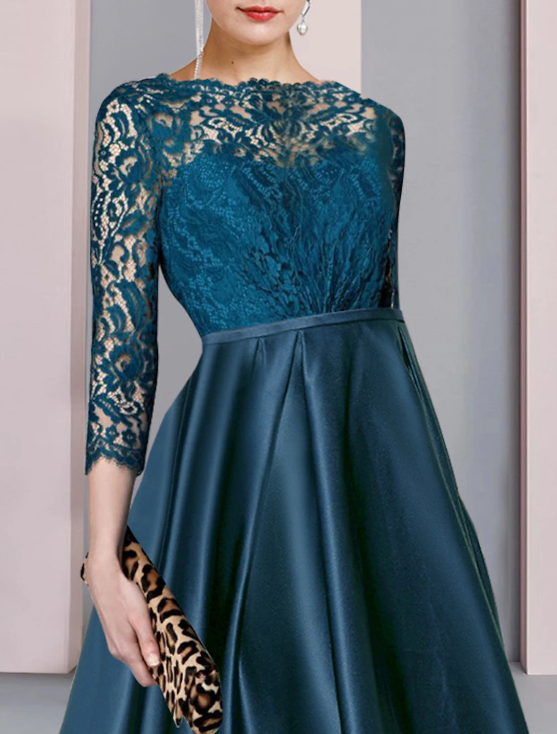 Aimishang A-Line Mother of the Bride Dress Formal Wedding Guest Elegant High Low Scoop Neck Asymmetrical Tea Length Satin Lace Half Sleeve with Pleats