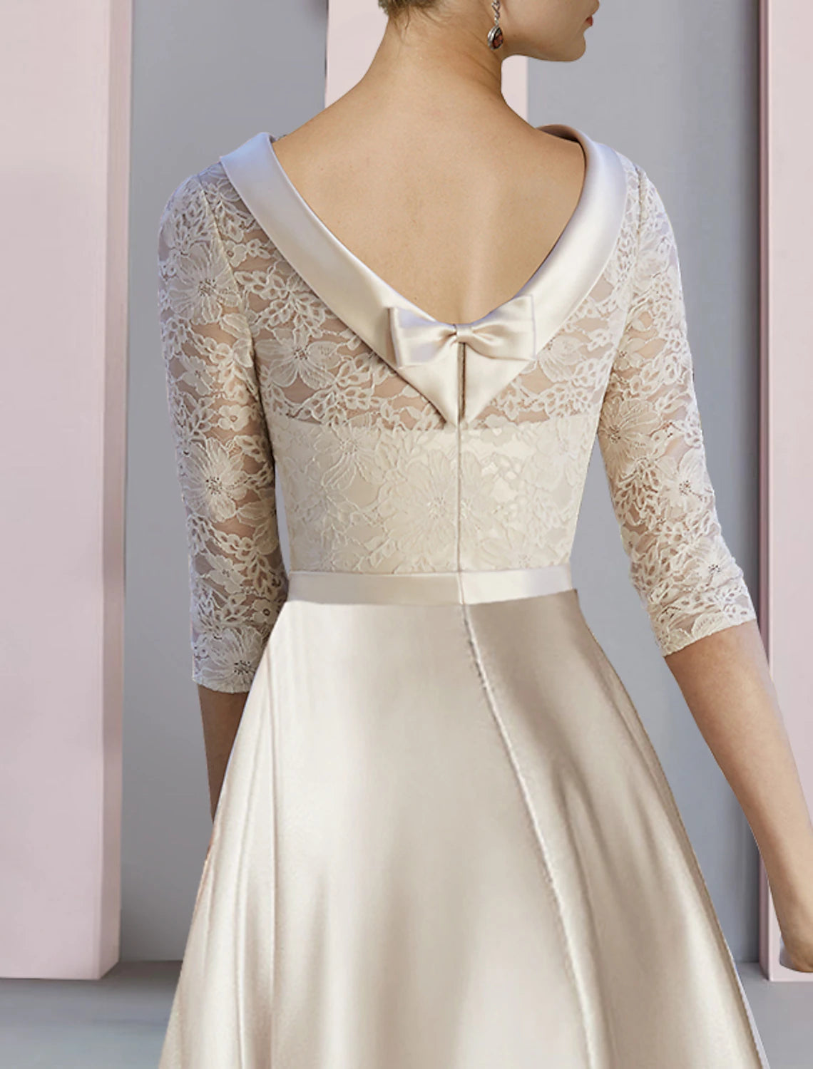 Aimishang Sheath / Column Mother of the Bride Dress Wedding Guest Party Elegant Scoop Neck Tea Length Satin Lace Half Sleeve with Bow(s) Pleats