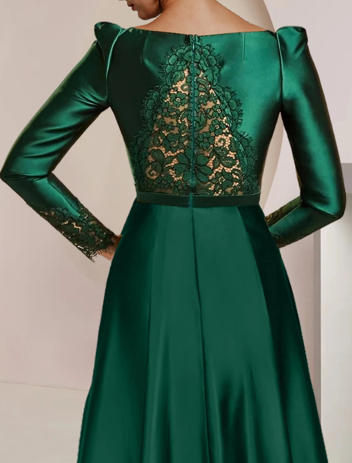 Aimishang A-Line Mother of the Bride Dress Wedding Guest Party Elegant High Low Scoop Neck Asymmetrical Tea Length Satin Lace Long Sleeve with Pleats