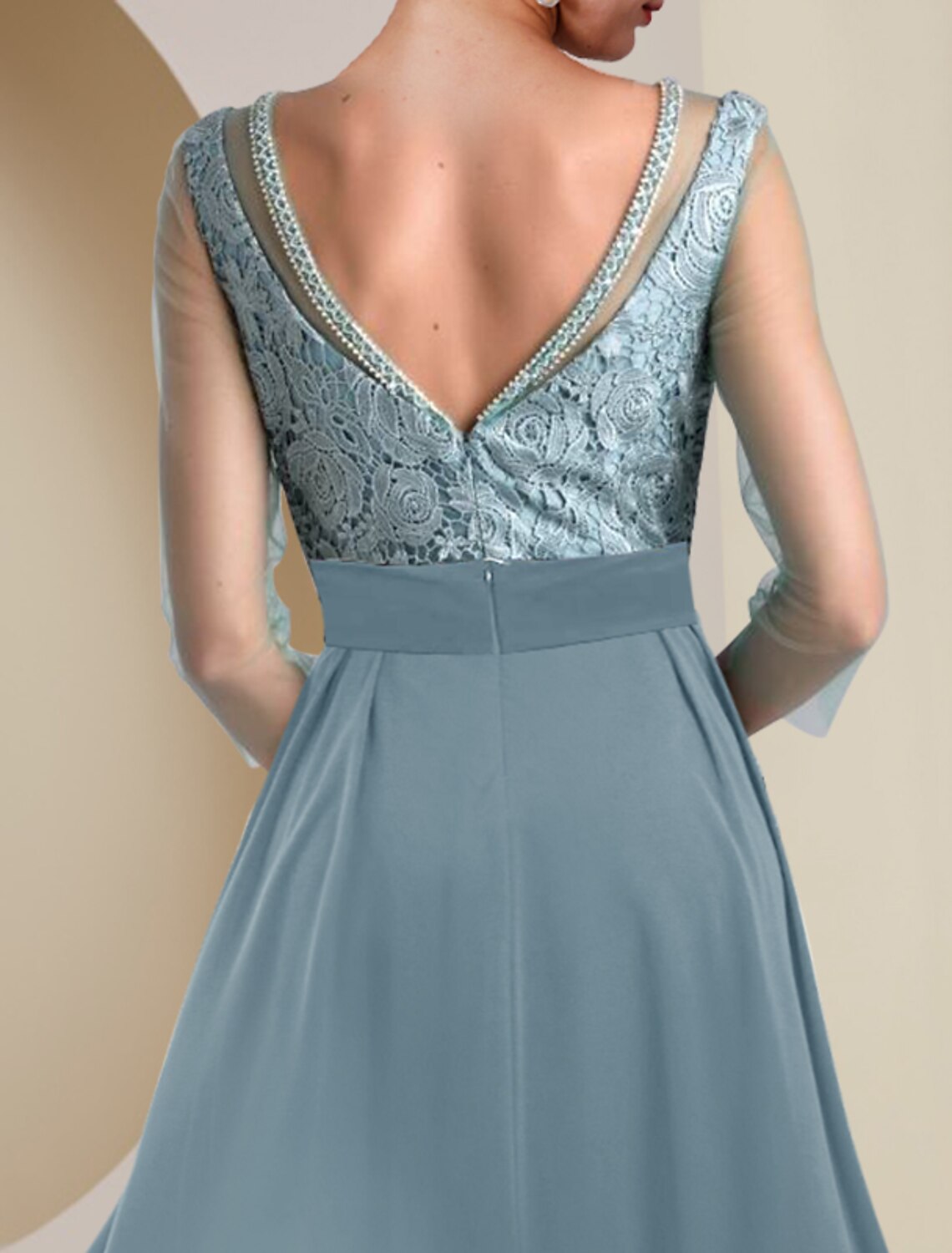 Aimishang Two Piece Sheath / Column Mother of the Bride Dress Formal Wedding Guest Vintage Elegant Jewel Neck Tea Length Knee Length Chiffon Lace 3/4 Length Sleeve with Beading Appliques