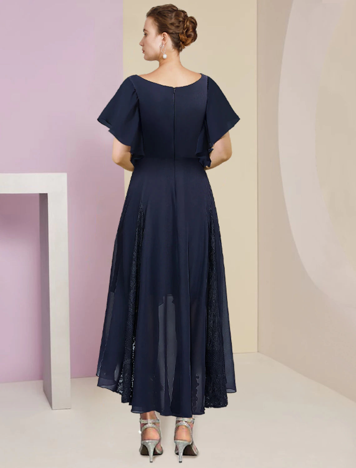 Aimishang A-Line Mother of the Bride Dress Formal Wedding Guest Elegant V Neck Ankle Length Chiffon Lace Short Sleeve with Pleats Crystal Brooch