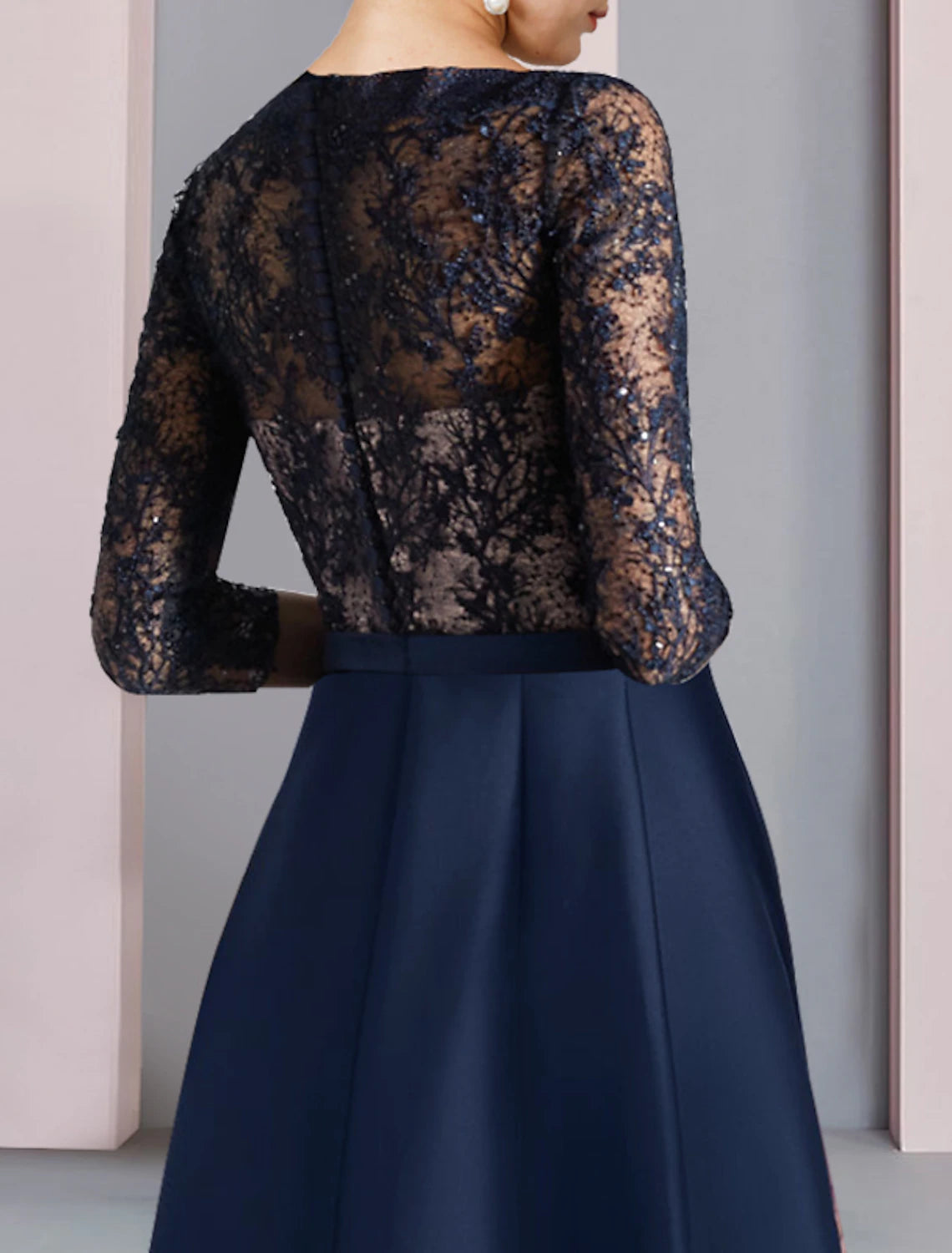 Aimishang A-Line Mother of the Bride Dress Wedding Guest Elegant High Low V Neck Asymmetrical Tea Length Satin Lace Half Sleeve with Bow(s) Color Block