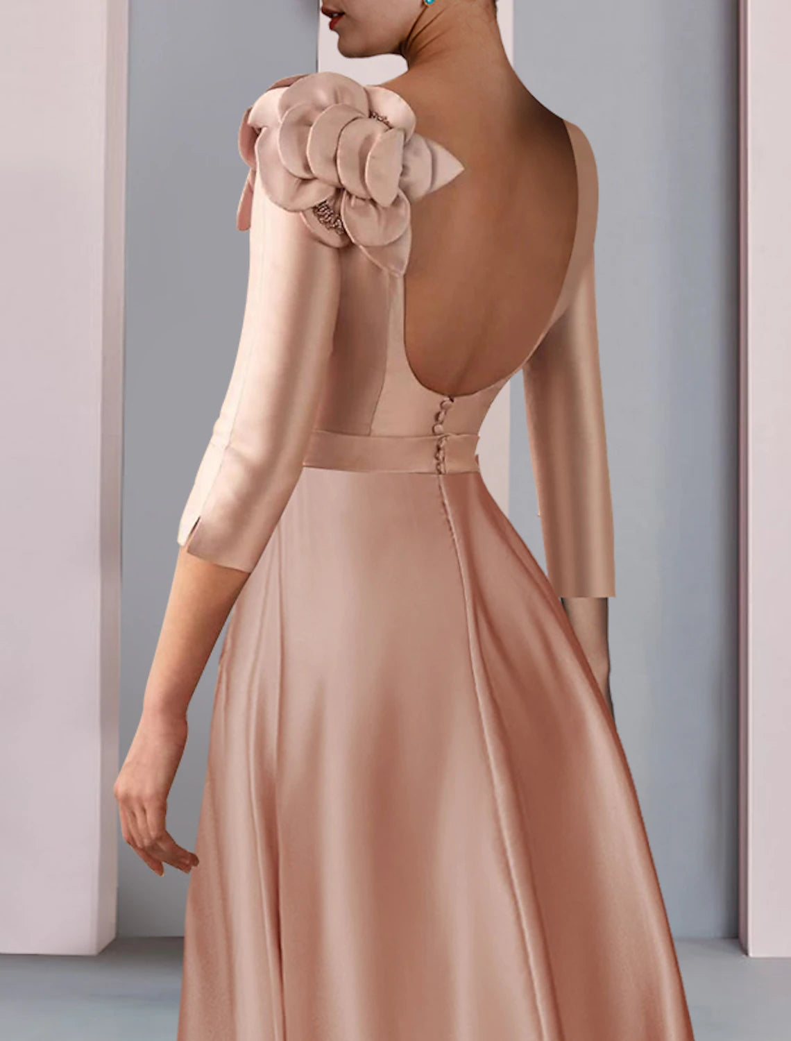 Aimishang A-Line Mother of the Bride Dress Formal Wedding Guest Party Elegant V Neck Tea Length Satin Lace Half Sleeve with Flower