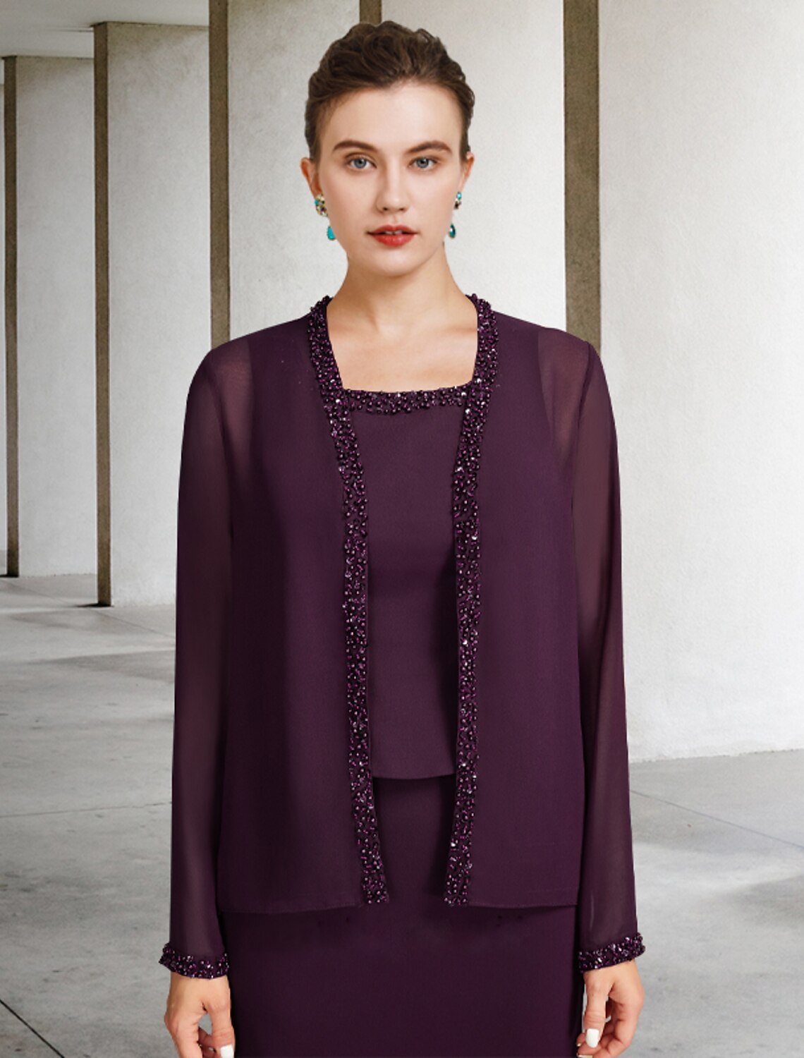 Aimishang Two Piece A-Line Mother of the Bride Dress Plus Size Elegant Square Neck Ankle Length Chiffon Sleeveless Wrap Included Jacket Dresses with Pearls Beading Tier