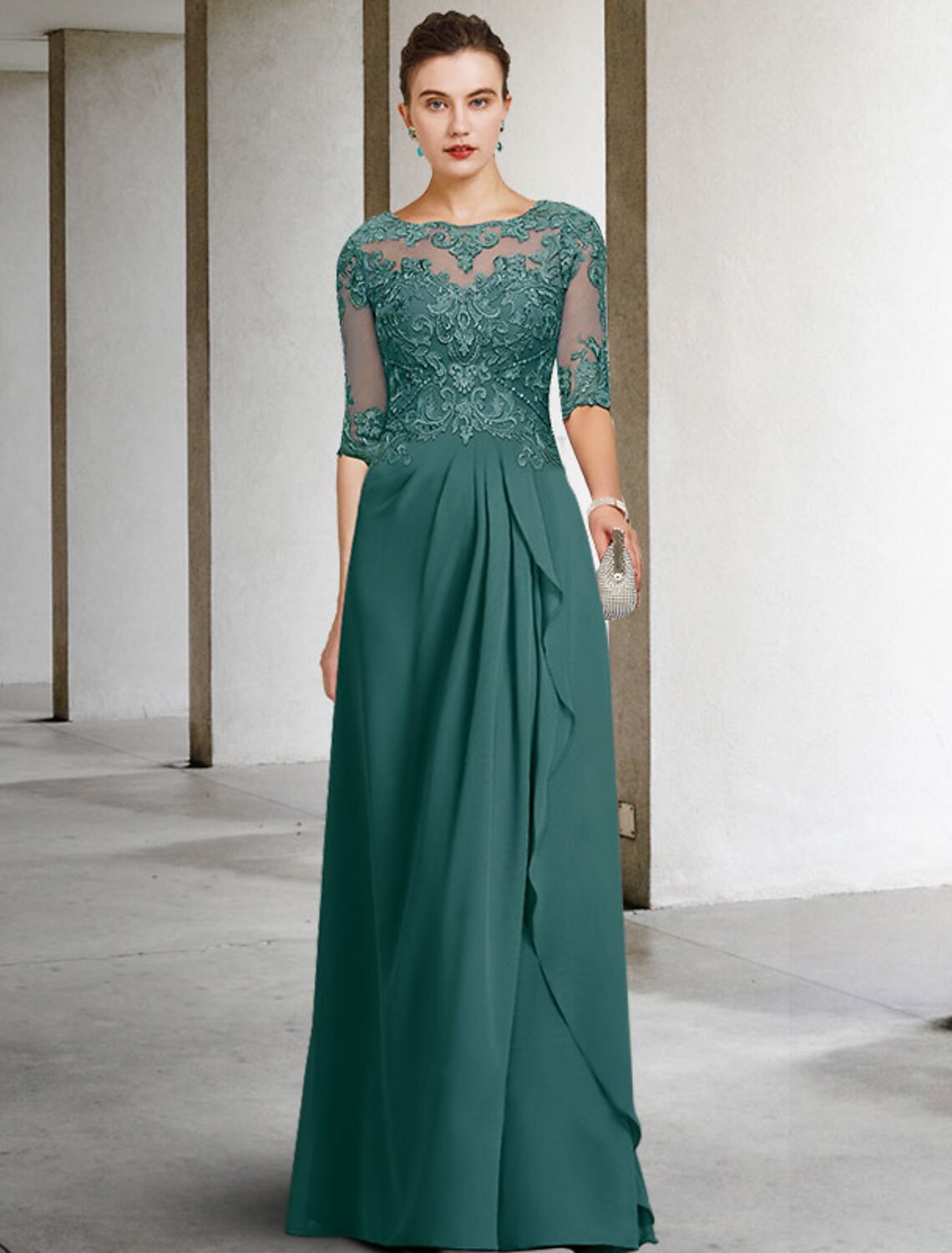 Aimishang A-Line Mother of the Bride Dress Plus Size Elegant Jewel Neck Floor Length Chiffon Lace Half Sleeve with Pleats Beading Appliques