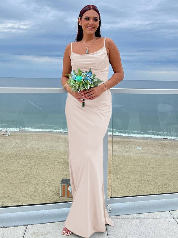 Aimishang Sheath/Column Woven Satin Ruched Spaghetti Straps Sleeveless Floor-Length Bridesmaid Dresses Formal Dress