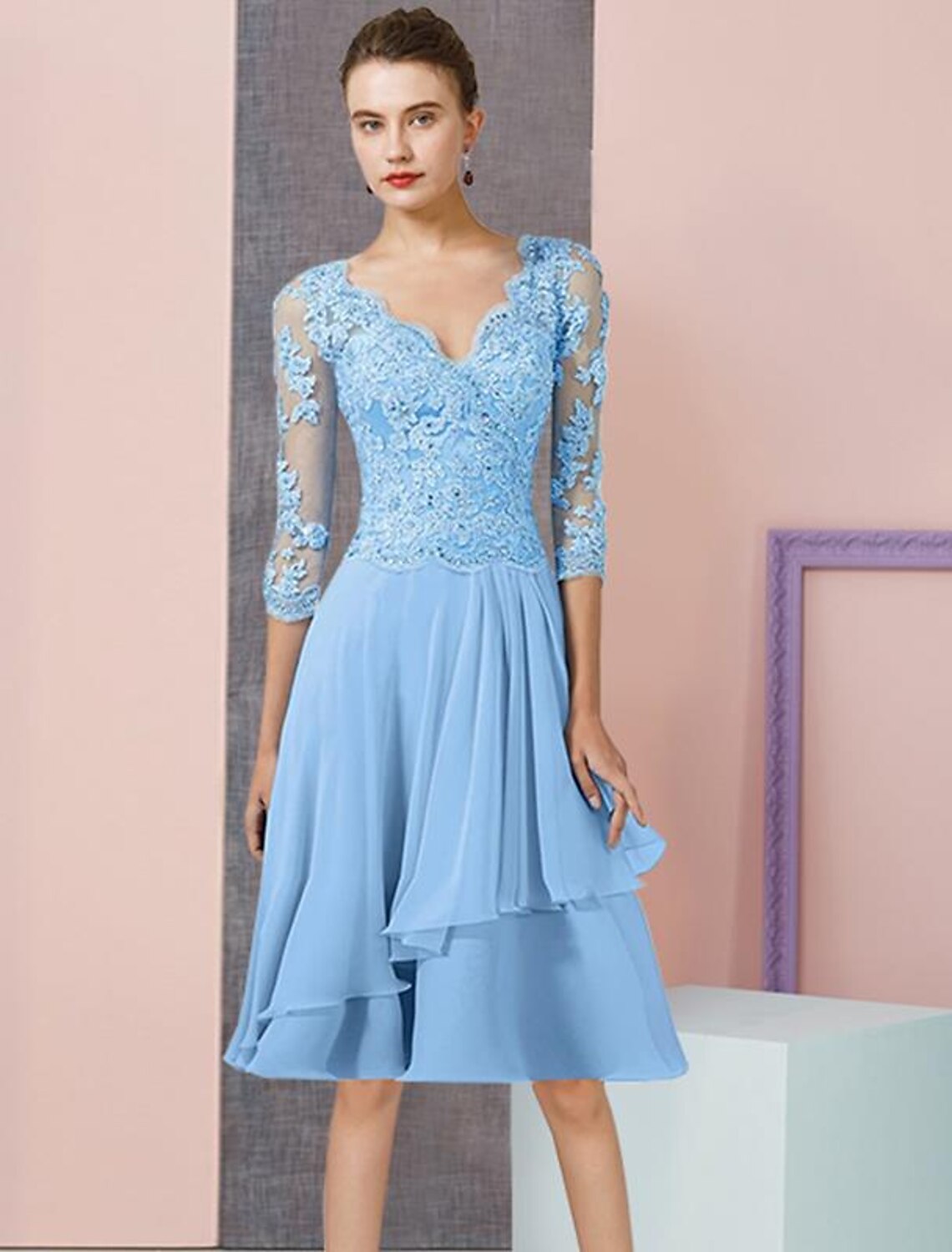 Aimishang Two Piece A-Line Mother of the Bride Dress Formal Wedding Guest Elegant V Neck Knee Length Chiffon Lace 3/4 Length Sleeve Wrap Included with Beading Sequin Appliques