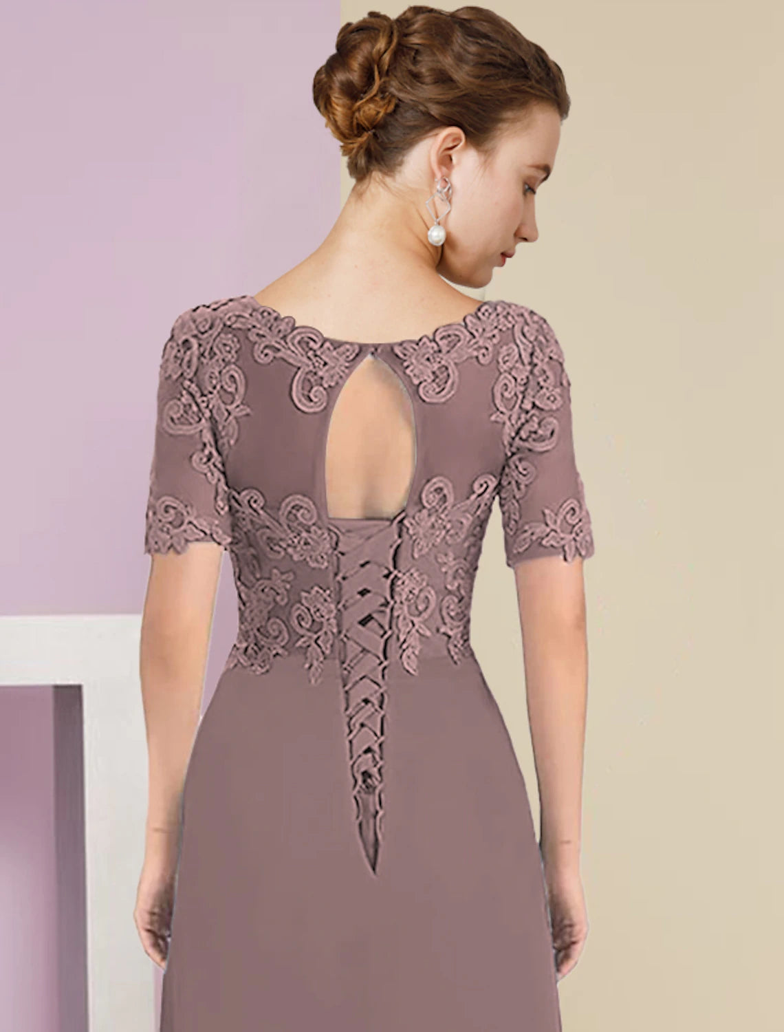 Aimishang Two Piece A-Line Mother of the Bride Dress Formal Fall Wedding Guest Elegant High Low V Neck Asymmetrical Tea Length Chiffon Lace Short Sleeve 3/4 Length Sleeve Wrap Included with Appliques