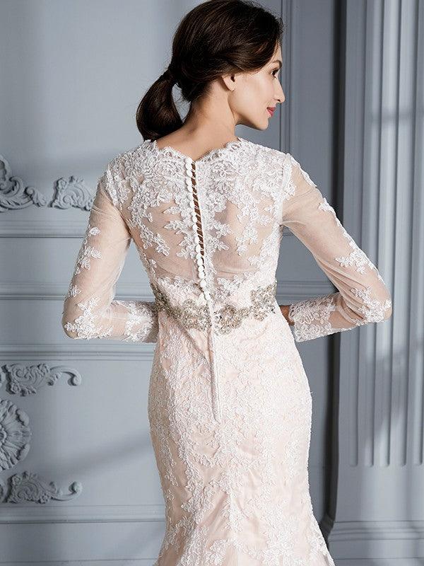 Aimishang Trumpet/Mermaid V-Neck Beading Long Sleeves Sweep/Brush Train Tulle Wedding Dresses