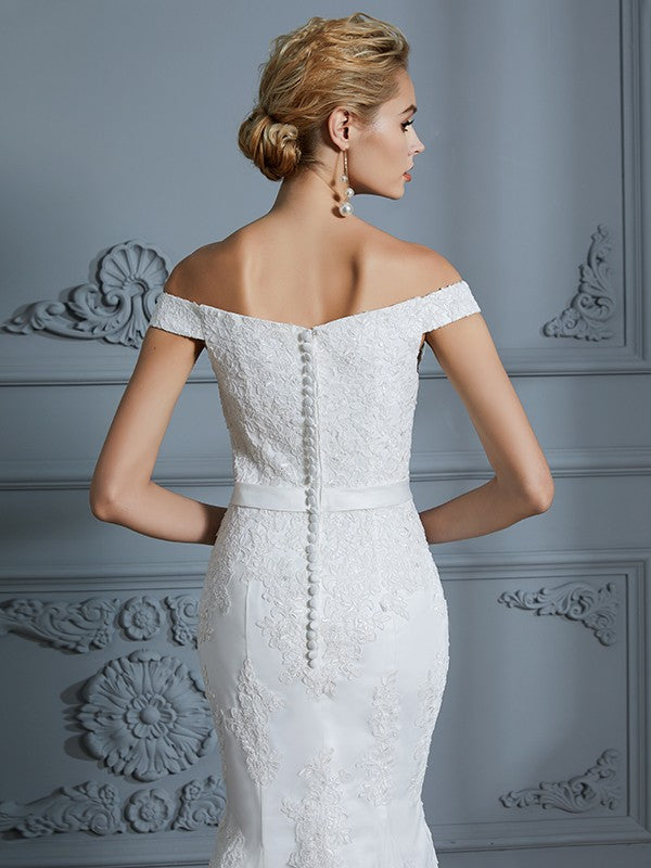 Aimishang Trumpet/Mermaid Off-the-Shoulder Sleeveless Lace Sweep/Brush Train Tulle Wedding Dresses