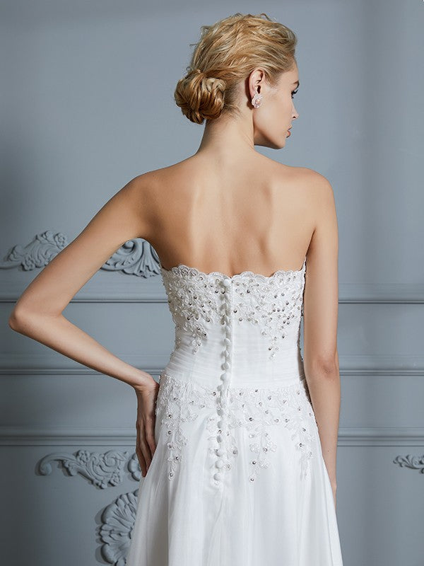 Aimishang A-Line/Princess Sweetheart Sleeveless Beading Asymmetrical Tulle Wedding Dresses