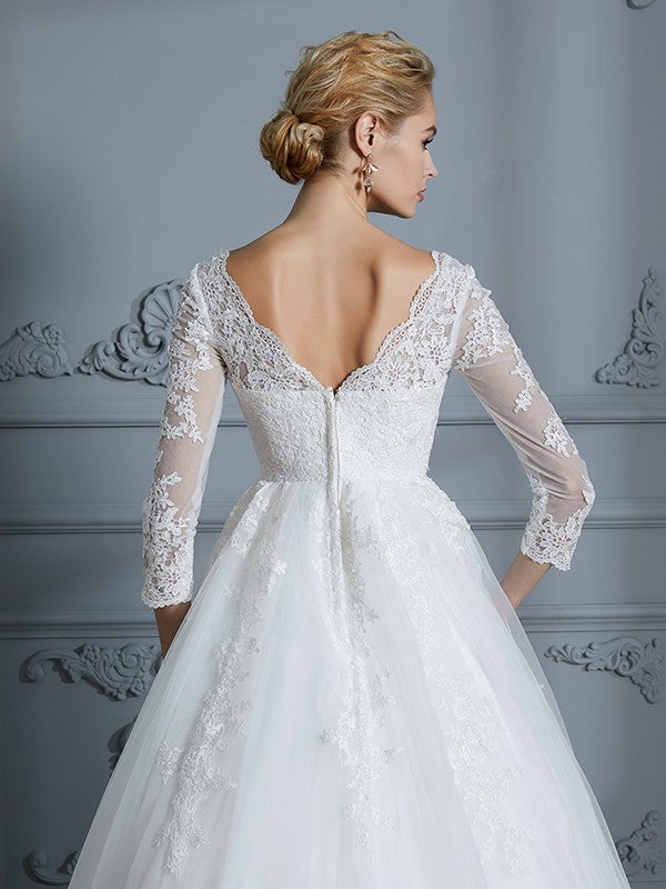 Aimishang Ball Gown V-neck 3/4 Sleeves Court Train Lace Tulle Wedding Dresses