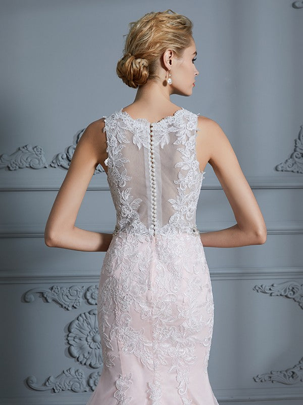 Aimishang Trumpet/Mermaid V-neck Sleeveless Applique Tulle Court Train Wedding Dresses