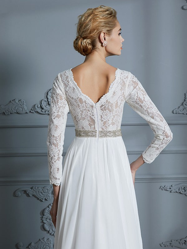 Aimishang A-Line/Princess 3/4 Sleeves V-neck Lace Sweep/Brush Train Chiffon Wedding Dresses