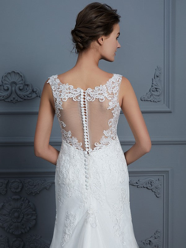 Aimishang Trumpet/Mermaid V-neck Sleeveless Lace Court Train Tulle Wedding Dresses