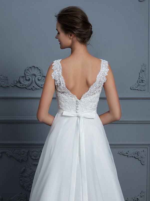 Aimishang Elegant A-Line/Princess Bridal Gown V-neck Sleeveless Floor-Length Organza Wedding Dresses