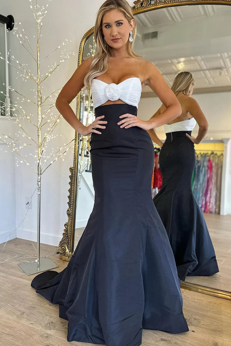 Black Strapless Mermaid Satin Long Prom Dress Sleeveless