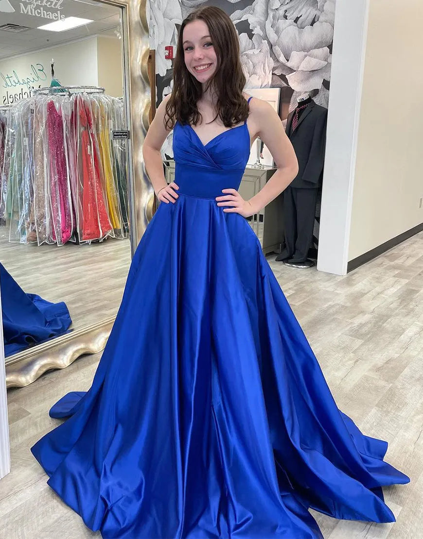 Aimishang A-Line Satin Spaghetti Straps Long Prom Dress
