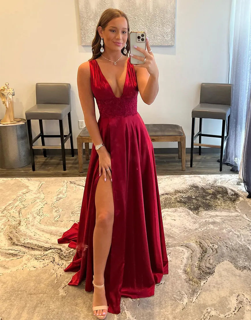 Elegant Long A-line V-Neck Front Slit Satin Prom Dress with Pockets