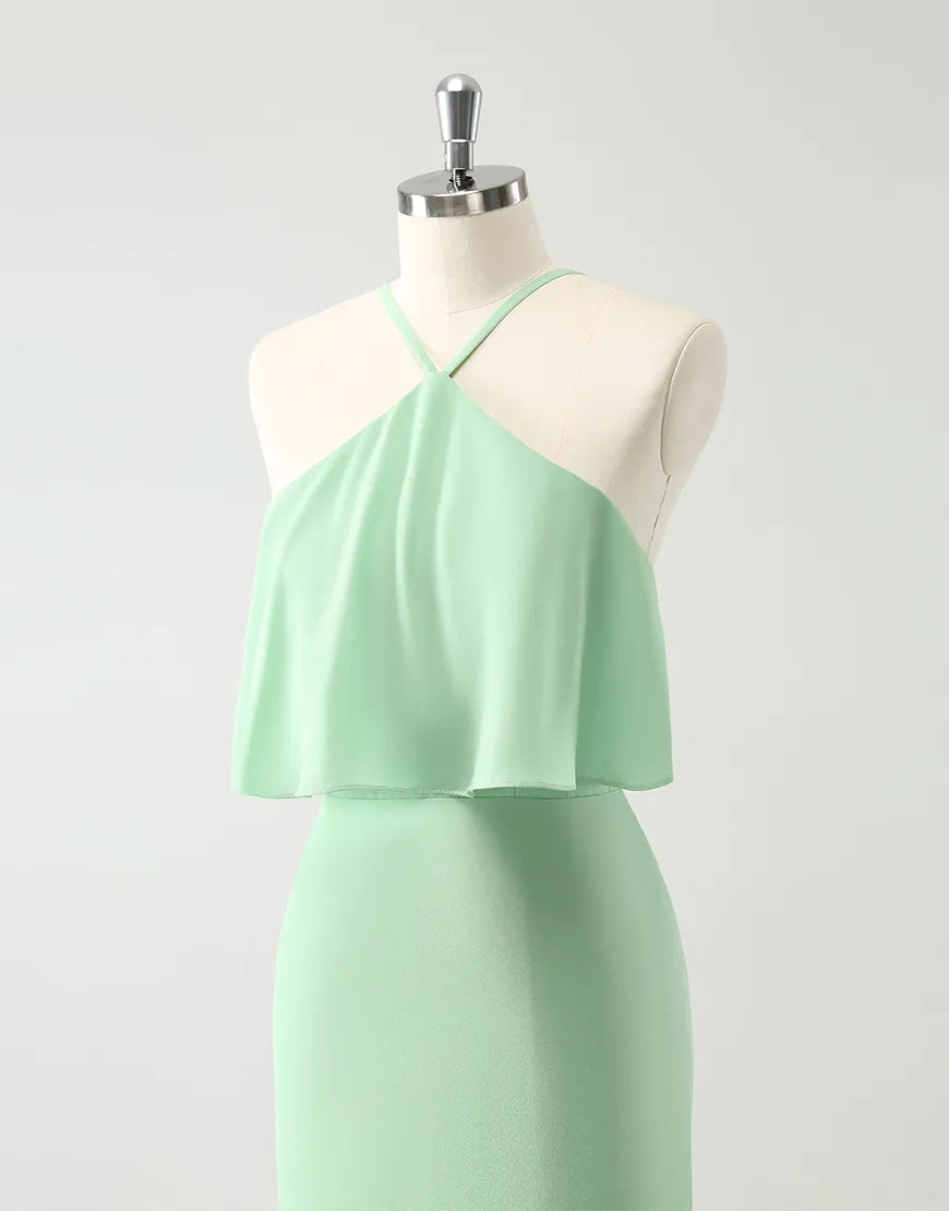 Aimishang Elegant Mermaid Halter Chiffon Tiered Long Bridesmaid Dress Charming Evening Party Dress