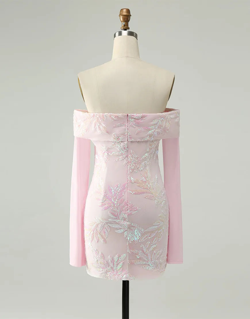 Aimishang Lovely Sheath Off-the-Shoulder Homecoming Dress With Sleeves Sweetheart Graduation Dress