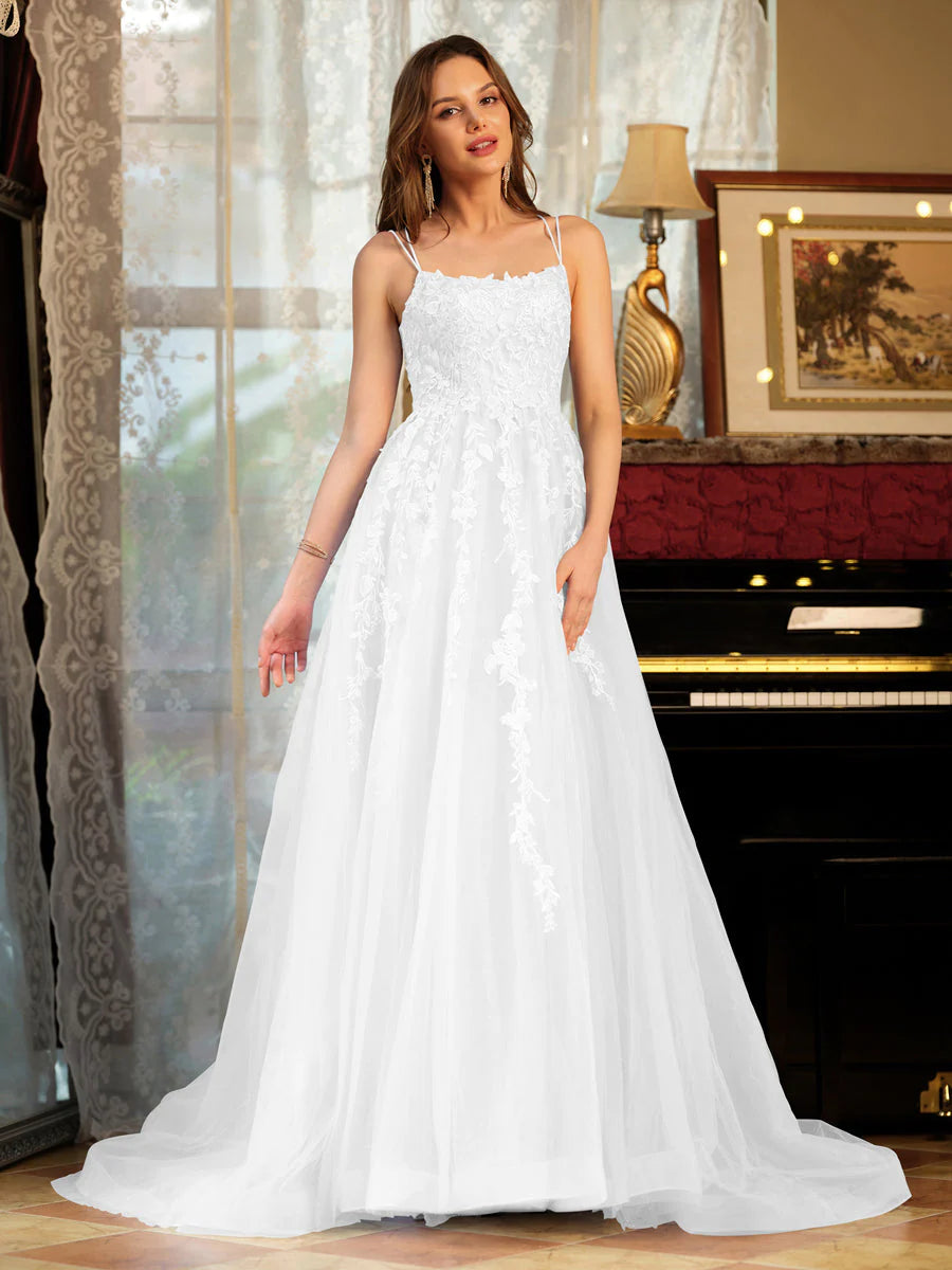 Aimishang A-Line/Princess Tulle Spaghetti Straps Applique Long Prom Dresses