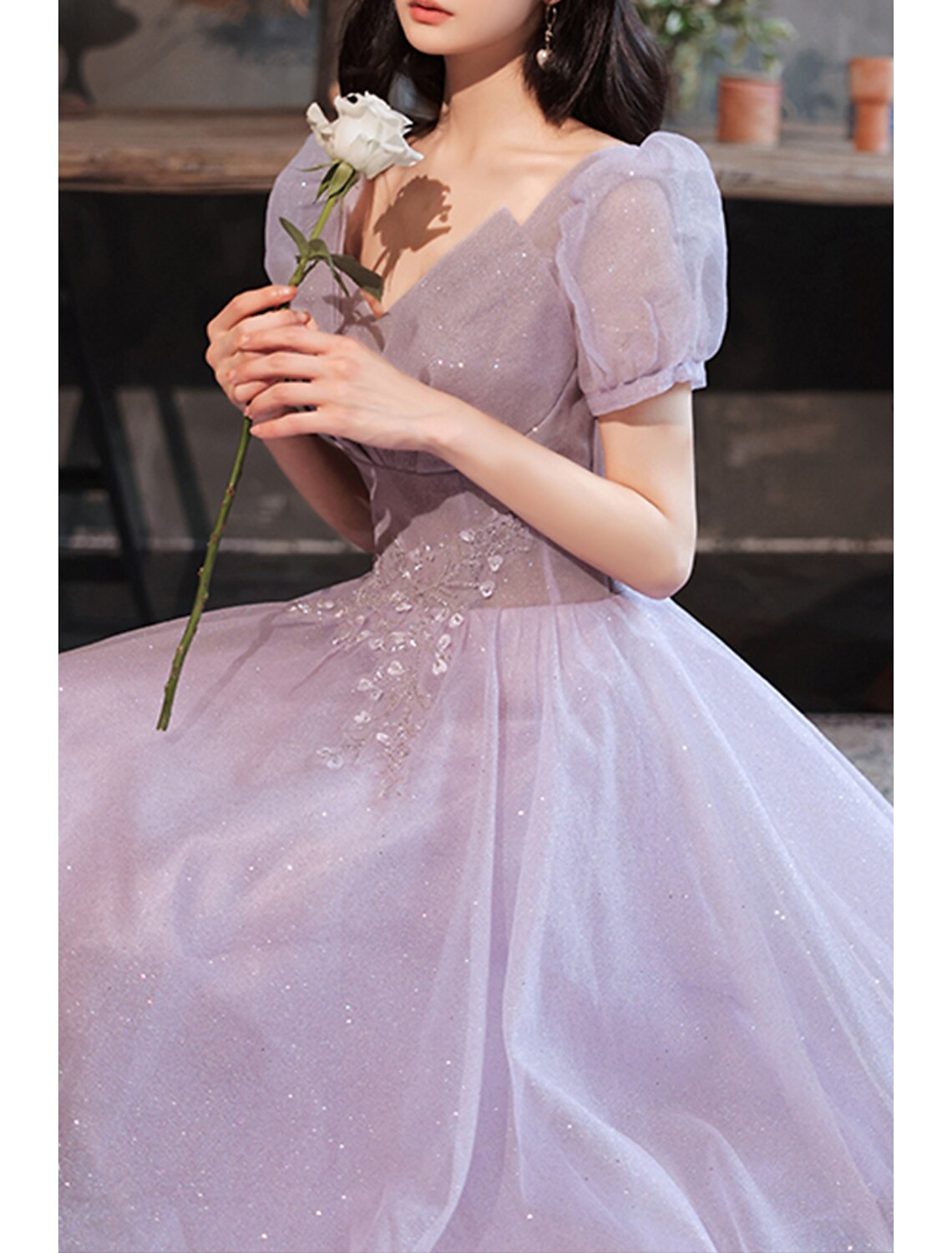 Aimishang A-Line Prom Dresses Gowns Evening Dresses Valentine's Day Wedding Guest Floor Length Short Sleeve V Neck Tulle with Sequin