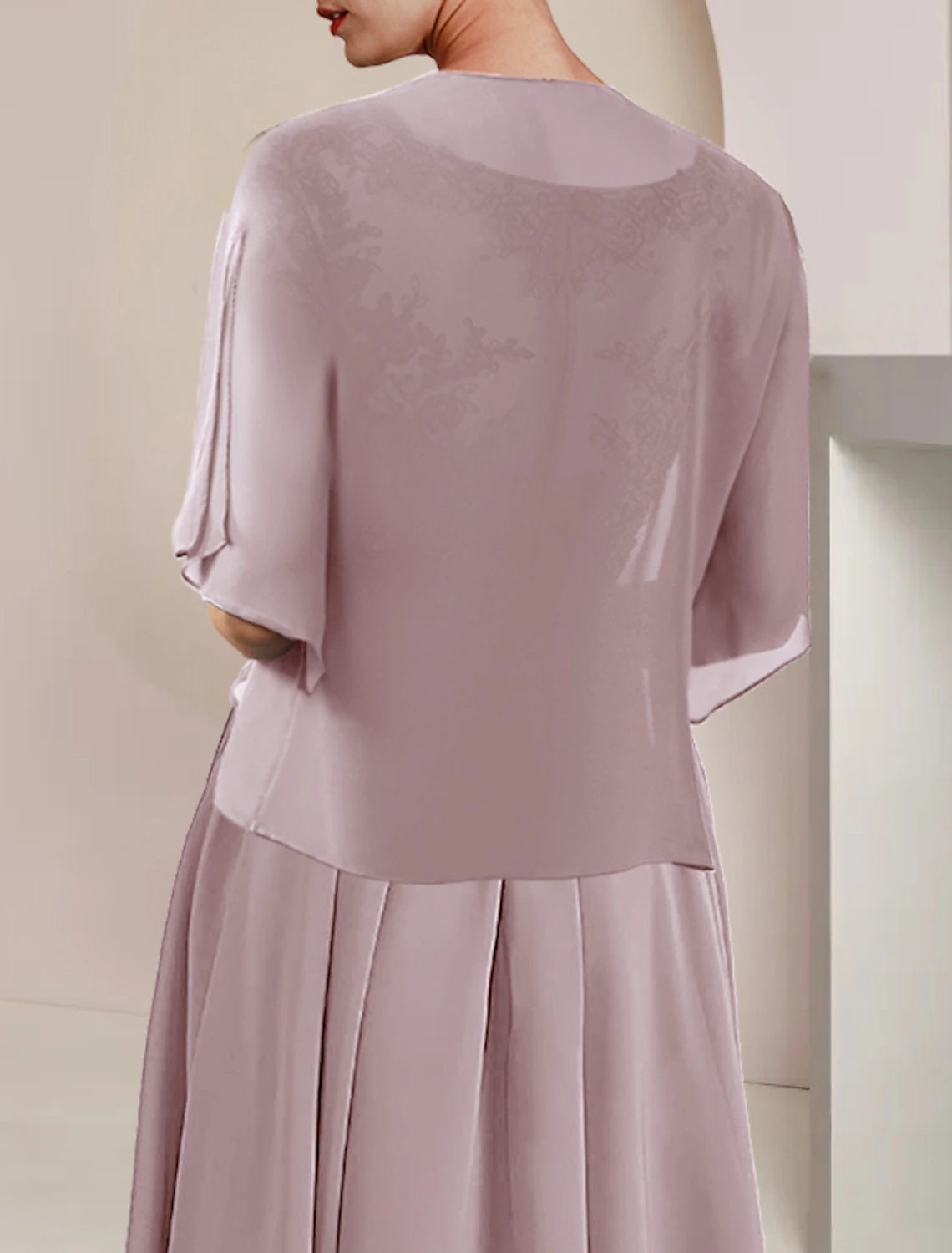 Aimishang Two Piece A-Line Mother of the Bride Dress Formal Wedding Guest Elegant V Neck Asymmetrical Tea Length Chiffon Lace Short Sleeve Wrap Included with Pleats Appliques