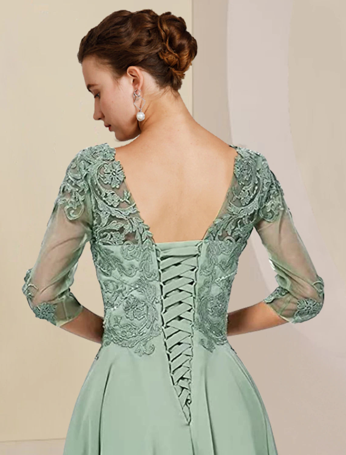 Aimishang Two Piece A-Line Mother of the Bride Dress Formal Wedding Guest Elegant High Low Scoop Neck Asymmetrical Tea Length Chiffon Lace Half Sleeve Wrap Included with Beading Appliques