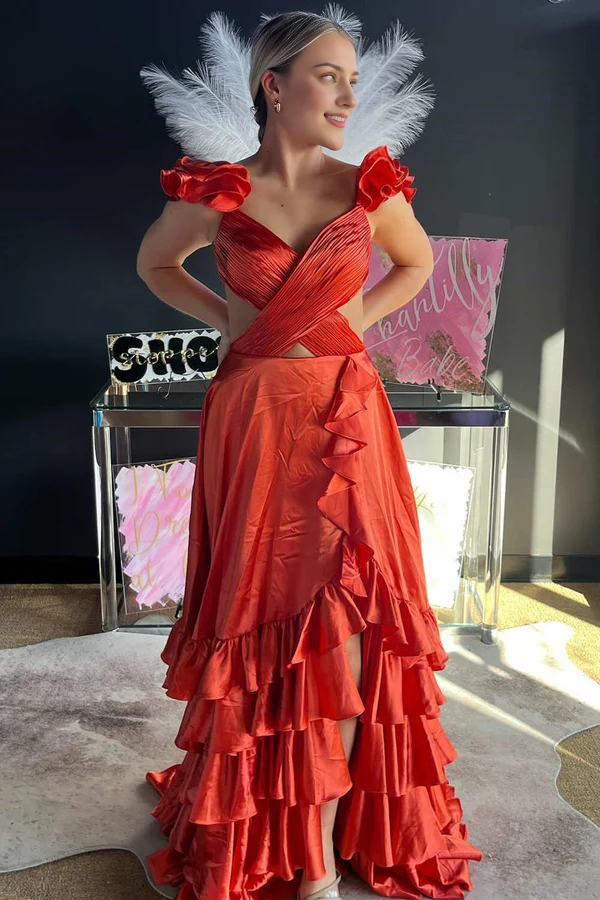 Aimishang Red Cutout Ruffle A-Line Fashionable and Beautiful Long Prom Dress with Slit