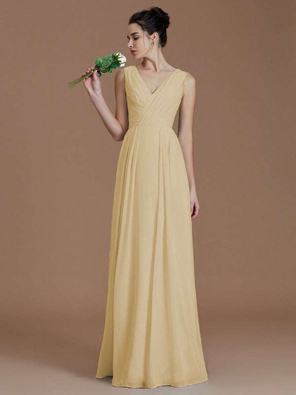 Aimishang A-Line V-neck Sleeveless With Ruched Floor-Length Chiffon Bridesmaid Dresses