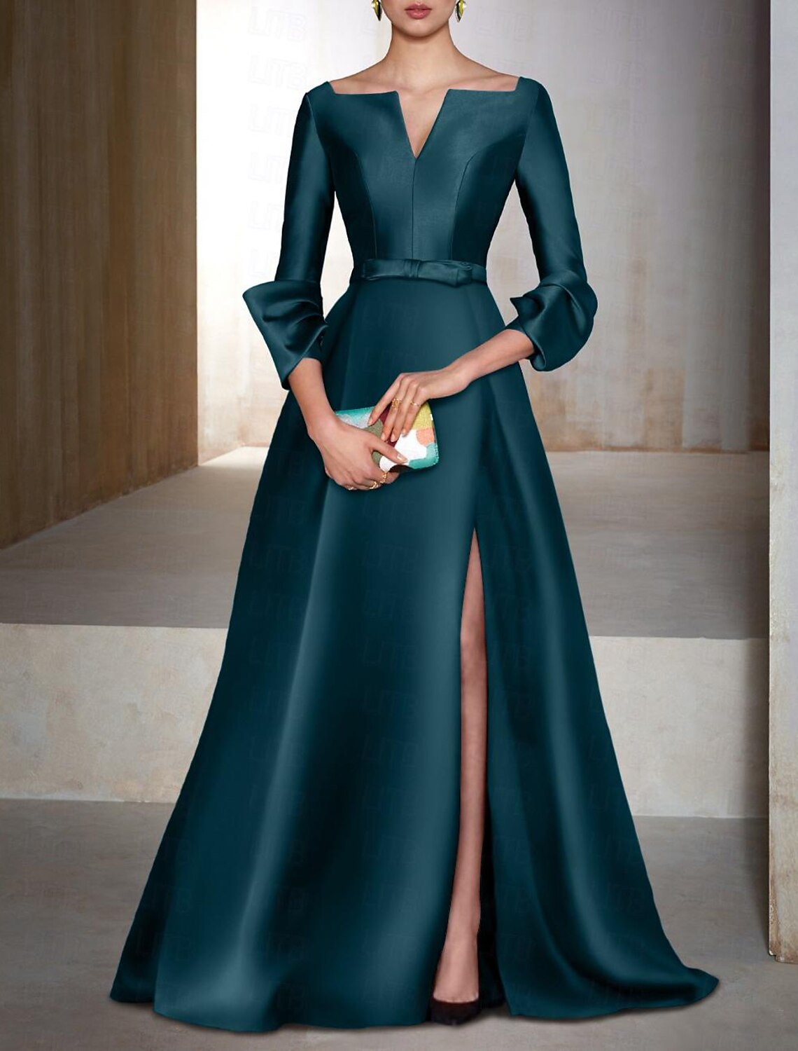 Aimishang A-Line Evening Gown Elegant Dress Formal Cocktail Party Floor Length Long Sleeve V Neck Wedding Guest Satin Mother of the Bride Dresses With Slit