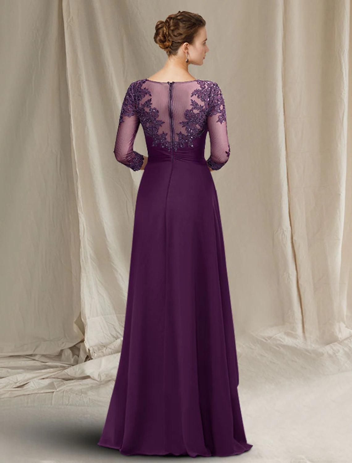 Aimishang A-Line Mother of the Bride Dress Luxurious Elegant Jewel Neck Floor Length Chiffon Lace Sequined 3/4 Length Sleeve with Pleats Appliques