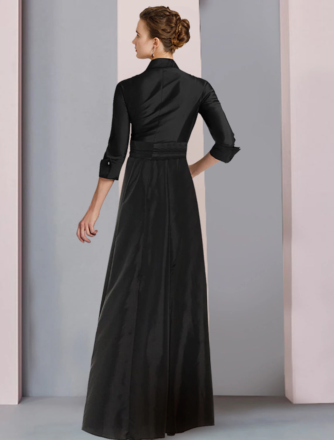 Aimishang A-Line Mother of the Bride Dress Plus Size Elegant High Low Shirt Collar Asymmetrical Floor Length Satin 3/4 Length Sleeve with Sash / Ribbon Bow(s) Pleats