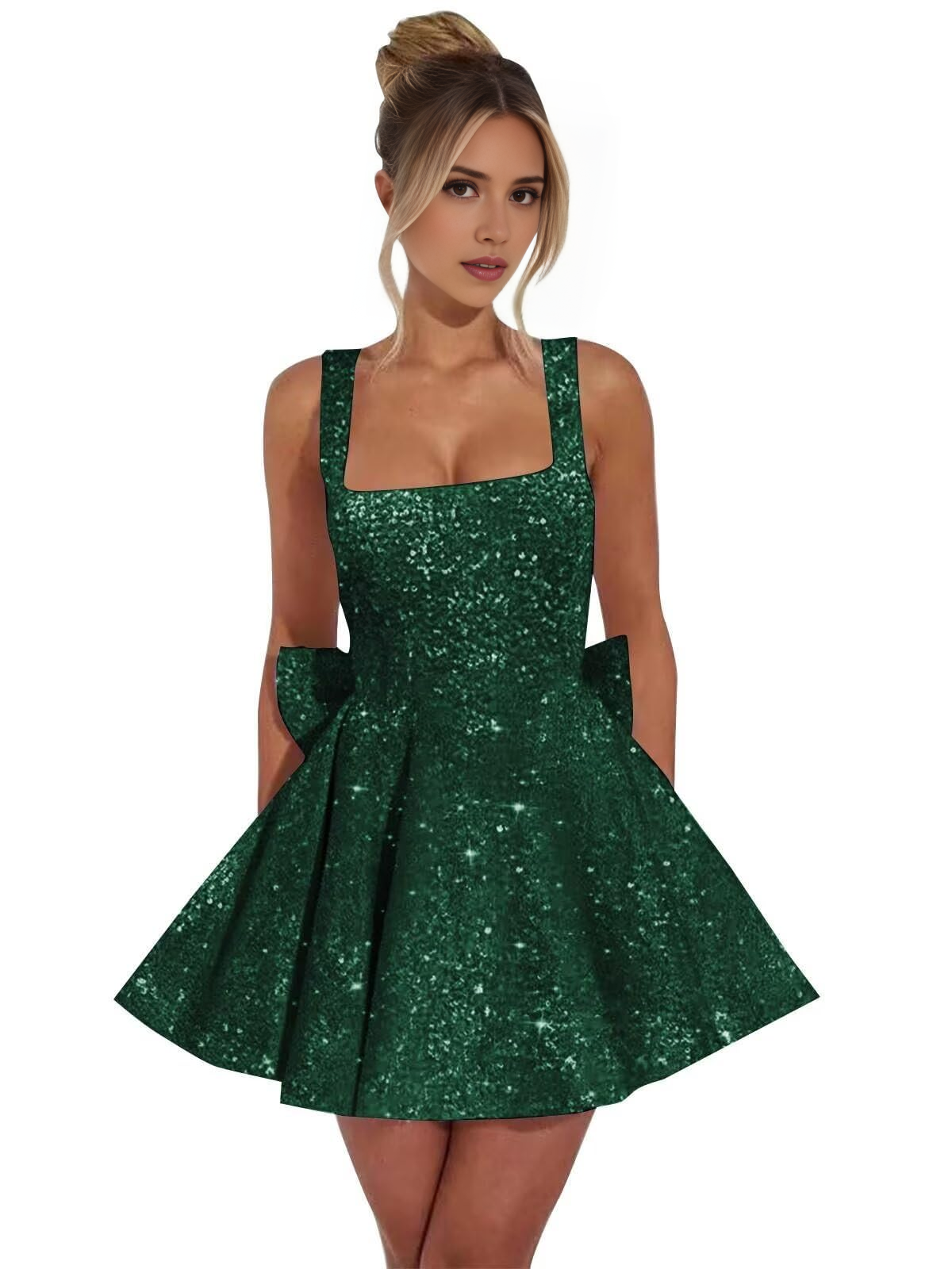 Aimishang Sweet A-Line Square Neck Sequins Homecoming Dresses with Bow Short Sparkly Graduation Dress Lovely Birthday Party Dress