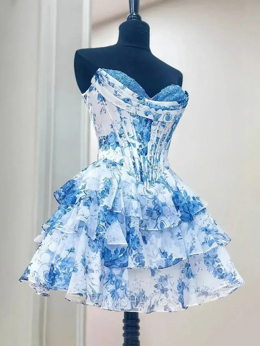 Aimishang A Line Sweetheart Strapless Floral Chiffon Ruffled Homecoming Dress Charming Birthday Party Dress Short Prom Dress